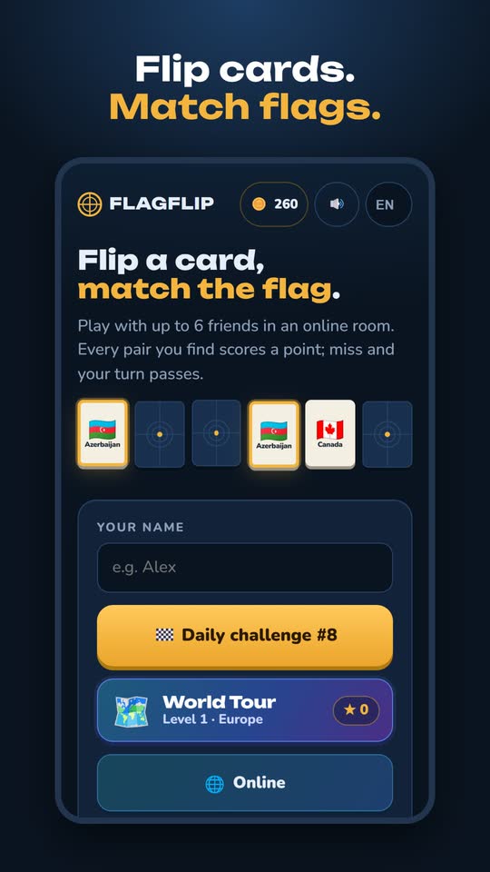 FlagFlip home screen with the daily challenge and World Tour